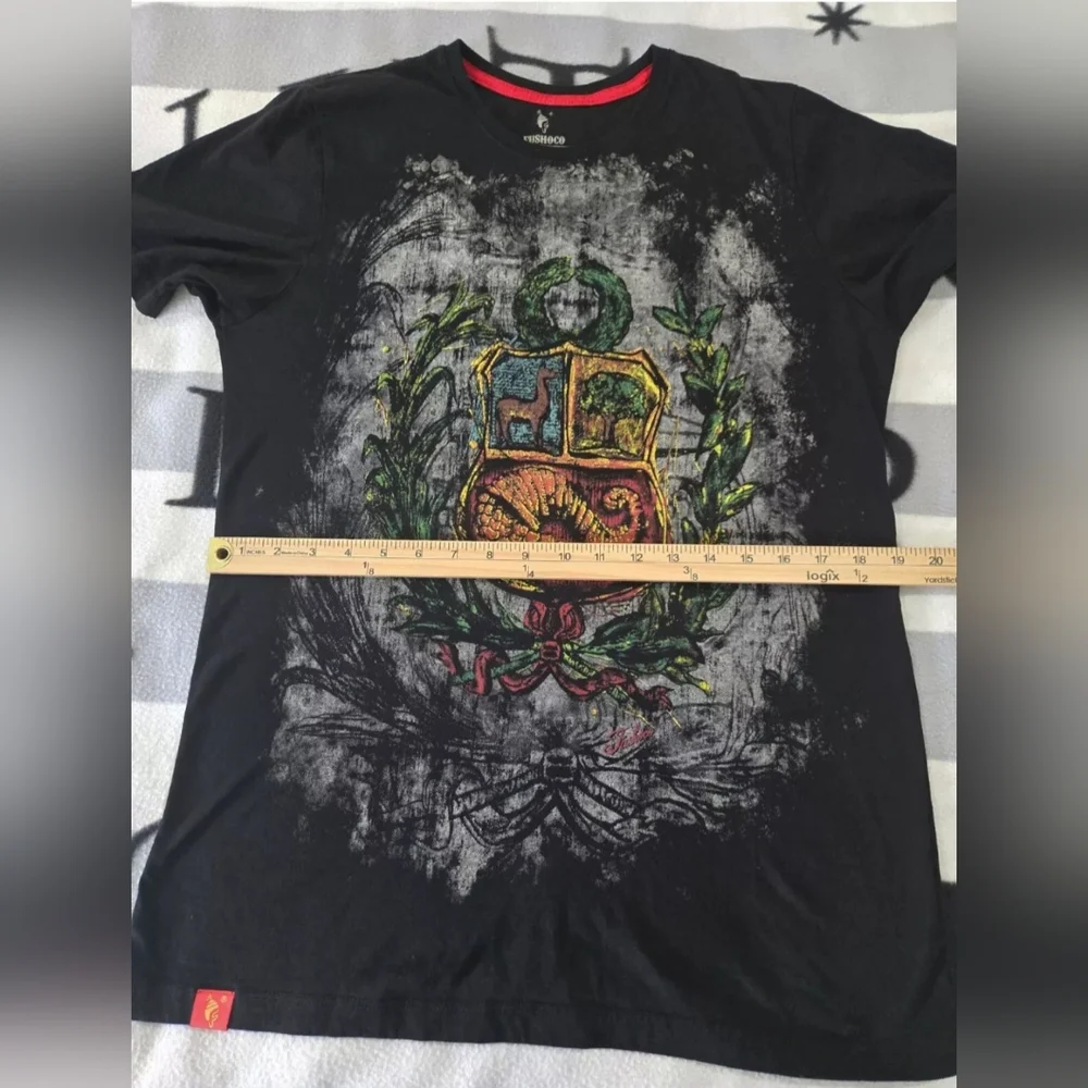T-SHIRT MEN'S BLACK PERÚ ESCUDO FUSHOCO 100% COTTON LARGE - Picture 10 of 11